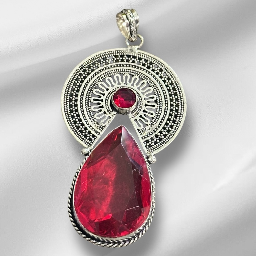 Artisan Jewelry Handcrafted Silver Necklace Teardrop Simulated Garnet Gemstone